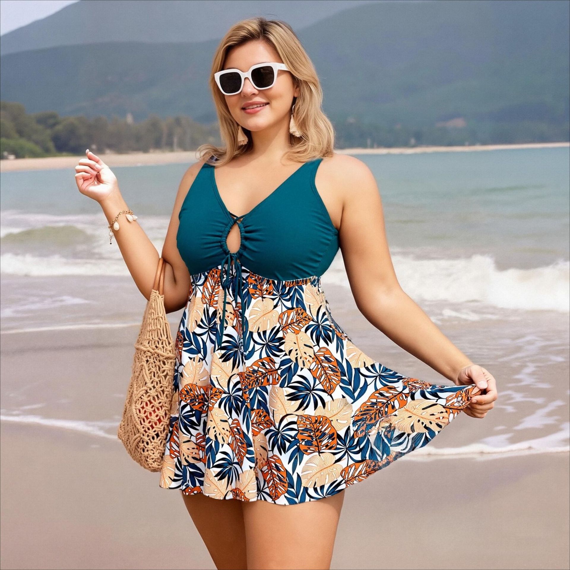 Plus Size Tankini Swimsuits Two Pieces Skirted Swimwear Summer Split Swimming